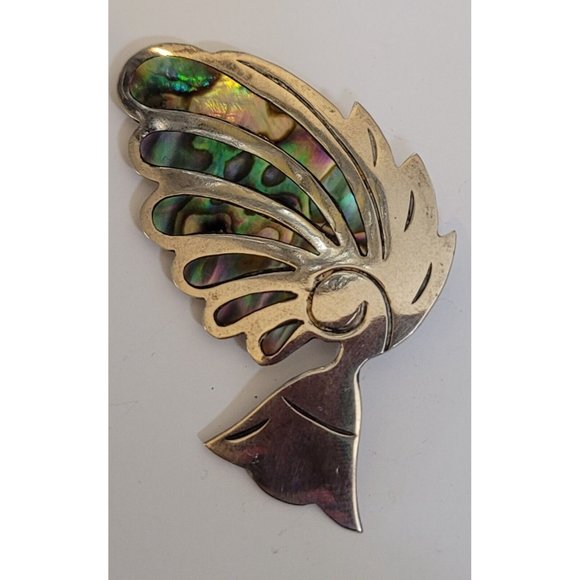 Vintage Taxco Aztec Feather Figural Abalone Brooch Pin 925 Sterling Silver 2" - Picture 4 of 8